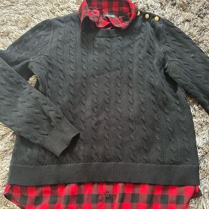 Ralph Lauren Black Cable Knit Sweater Buffalo Plaid Design Women M